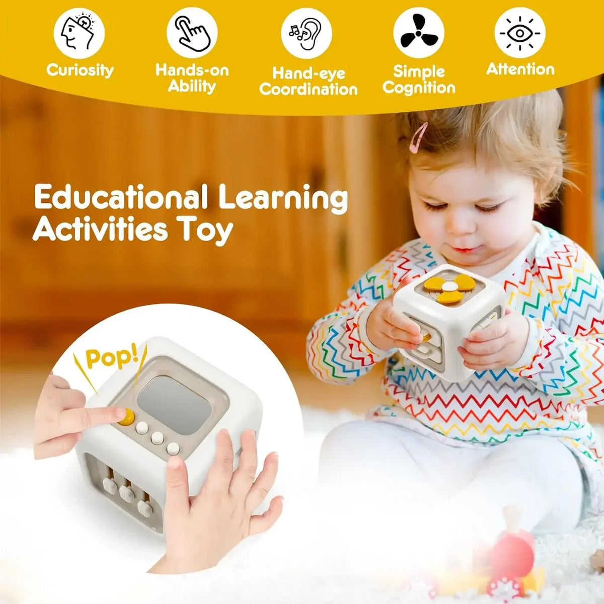 Baby Toy 6 in 1 Multifunctional Busy Cube Montessori Activity Cube Toddler Practice Skill Educational Toy Sensory Pressure Board