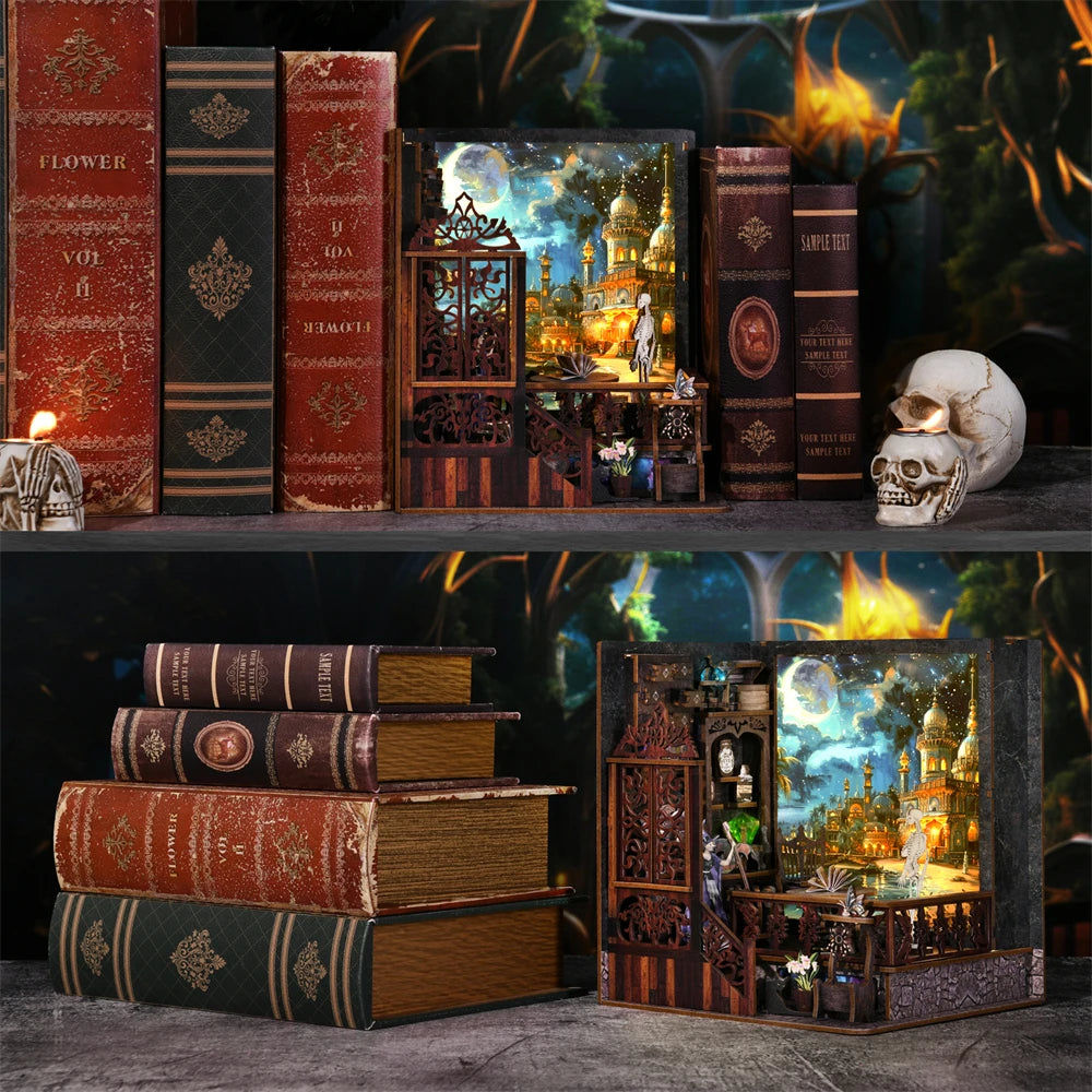 Book Nook Kit Magic Town DIY Wooden Puzzle Light Picture Bookshelf Insert Decor Dollhouse Model Bookend Building Home Decoration