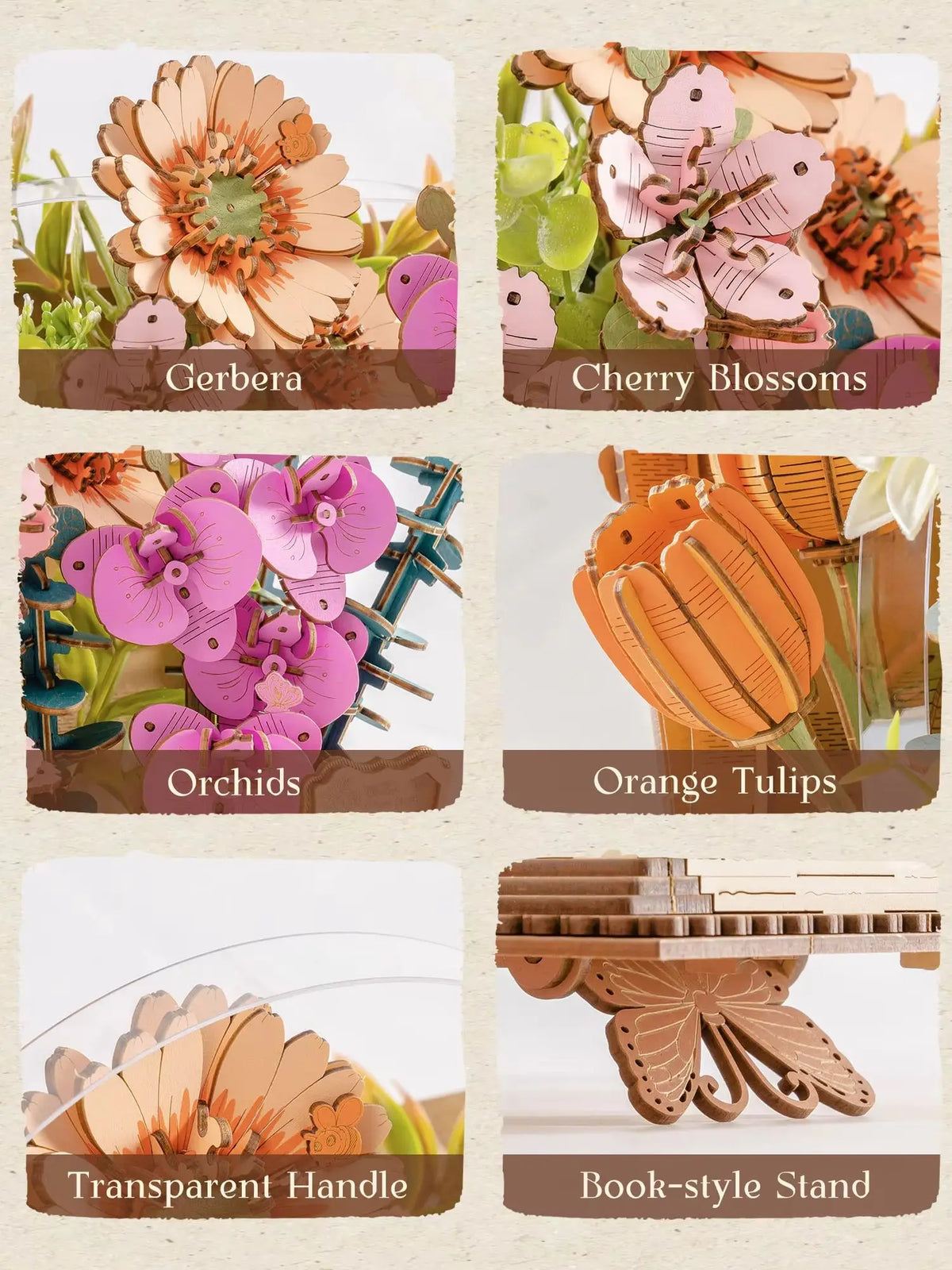 Rolife 3D Puzzle Wooden Blooming Book DIY Artificial Flower Bouquet Model Building Kit for Home Decor Wedding Mother's Day Valentine's Day Gift for Women Adults