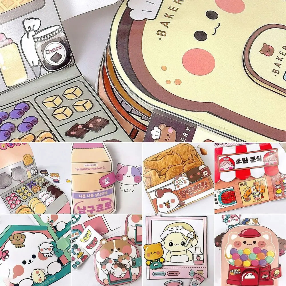 Paper Waffle Quiet Book Colorful Bread Cartoon Busy Book Fried Chicken Convenience Store Snack Bar Sticker Game.