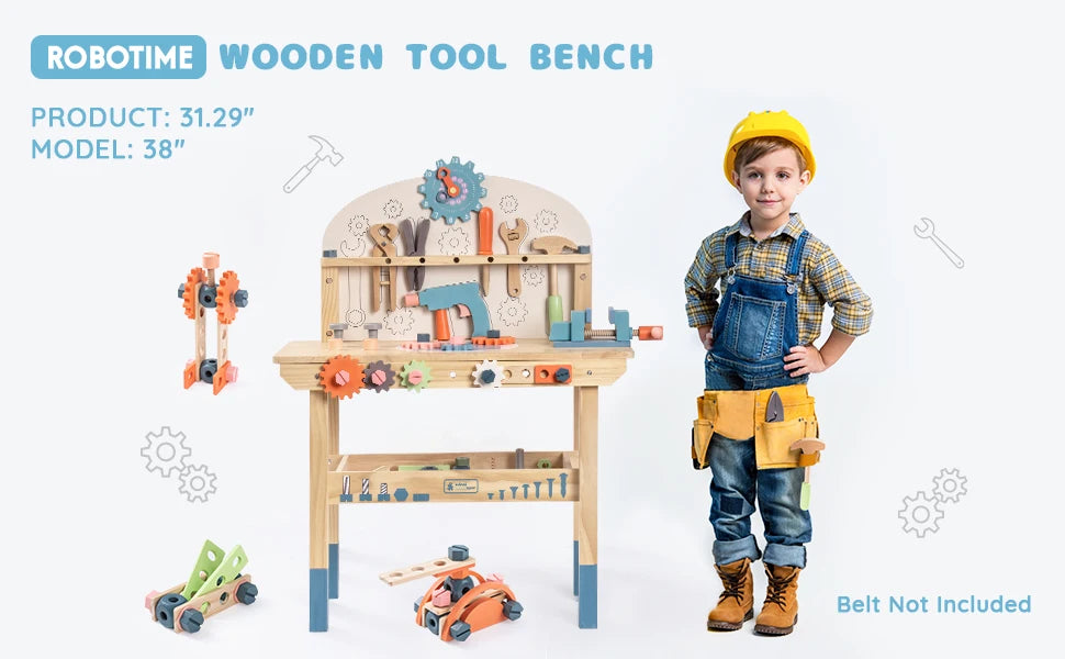ROBUD Wooden Toy Workbench Tool Bench Set for Kids with Electric Drill Pretend Play STEM Learning Gift for Boys Girls Age 3+