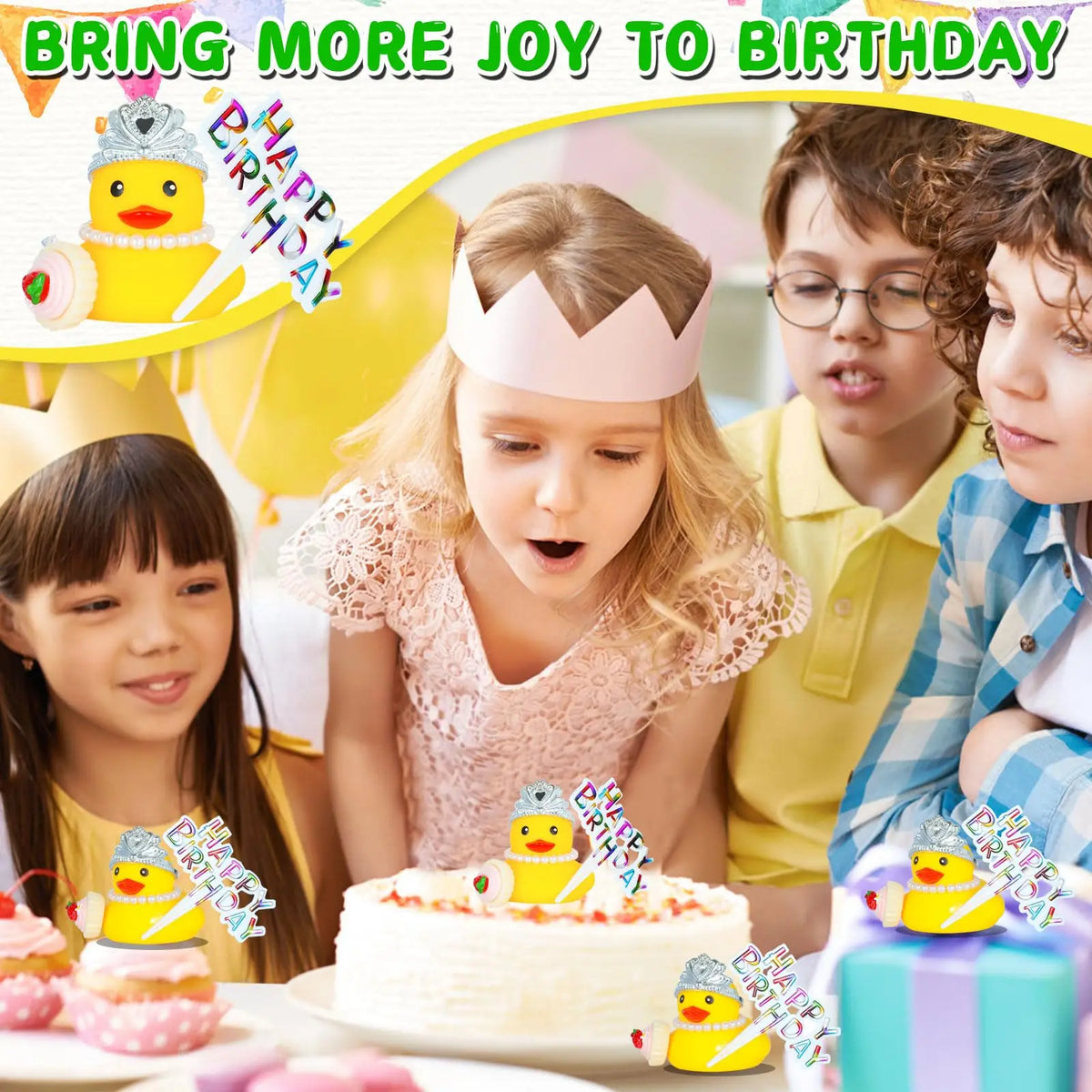 Rubber Ducks with Happy Birthday Sign Party Favors Duck with mini Cupcake Accessory, Pearl Necklace and Crown