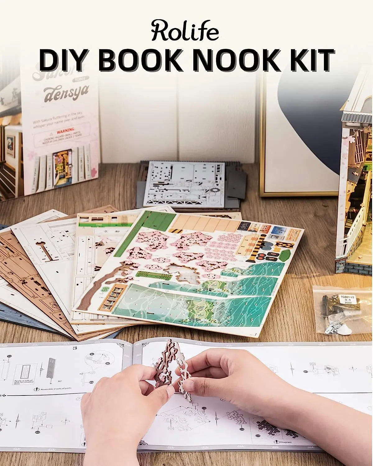 Robotime Rolife DIY Book Nook Japanese Sakura Densya in Books Series Wooden Miniature House with Furniture Doll House Kits Toy