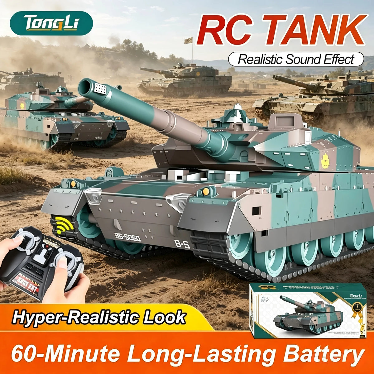 TONGLI Large RC Battle Tank Tracked Off-Road Vehicle, Rechargeable Battery, Multi-Channel Control, Turret Rotation & Elevation, Realistic Sound & Light Effects, All-Terrain Driving, Battle Interaction, Indoor & Outdoor Use, G