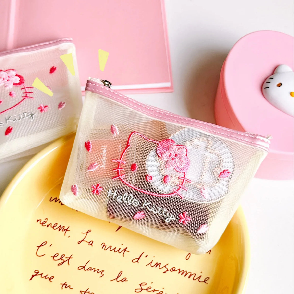 Hello Kitty Cartoon Peripheral Women's Makeup Storage Bag, Cute Hello Kitty Storage Bag with White Mesh and Pink Embroidery