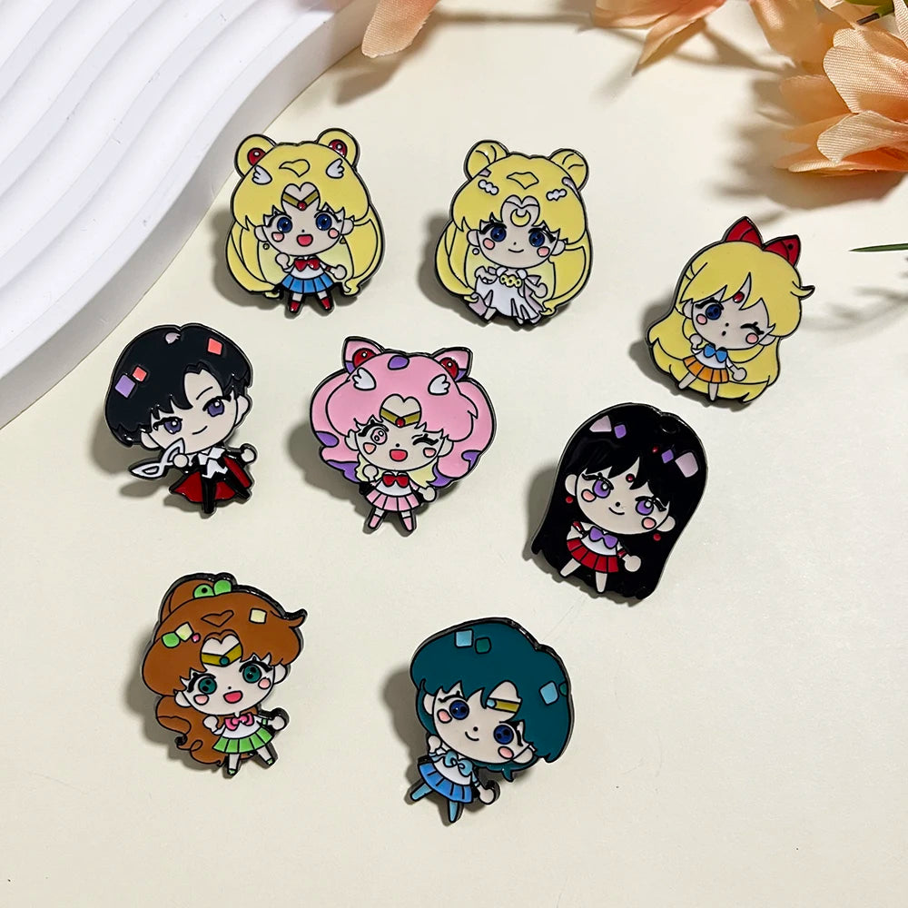 8pcs Sailor Moon Enamel Brooch Set Tsukino Usagi Cartoon Character Fashion Metal Badges Accessories for Backpacks And Clothing
