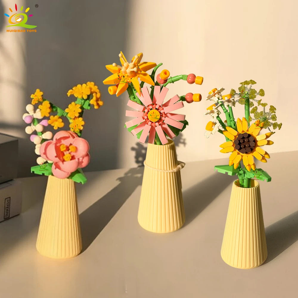HUIQIBAO MOC Eternal Flower Bouquet with pot Micro Building Block Sunflower Rose Mini Model Brick Toy home Desk Decoration