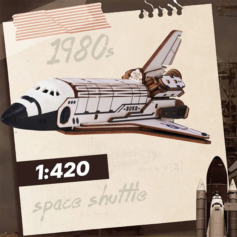 ROKR 3D Wooden Puzzle Space Shuttle Model Building Kit with Launch Simulator DIY Puzzle Toys for Home Decor Gift for Space Enthusiasts