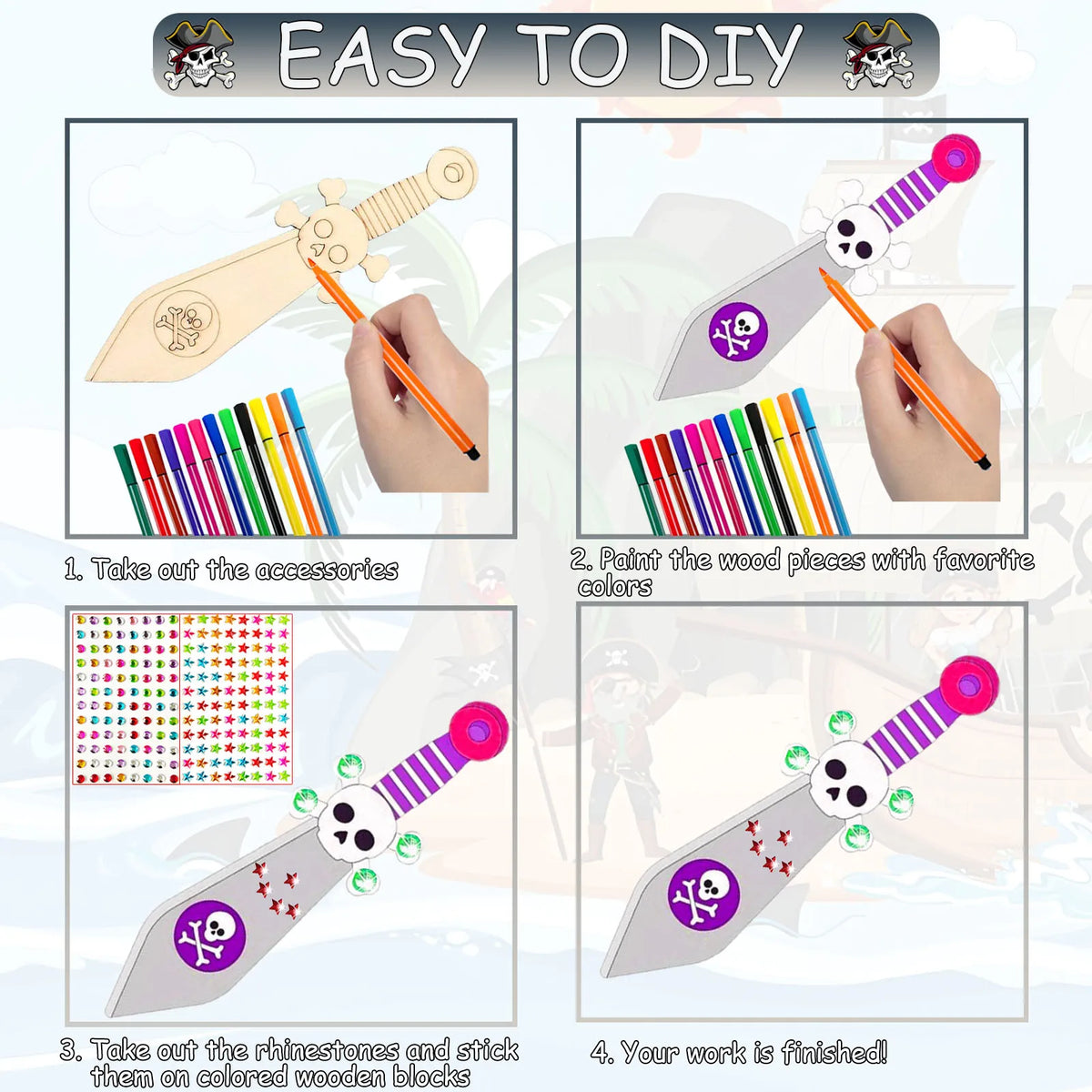 216PCS unfinished DIY wooden pirate knife set, wooden handmade painting crafts, suitable for various parties, party gifts