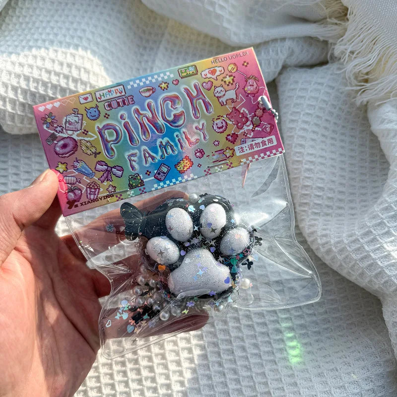 Squeeze Cat's Paw with Fur Stress Relief Squishy Fidget Toy Mini Kawaii Plush Silicone Sticky Decompressing Pinching Cat Foot
