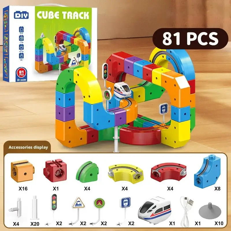 51/62/81/105//123/167PCS Magical Track Train Rechargeable 3D Building Tracks Cube Rails STEM Educational Toys Birthday Gift