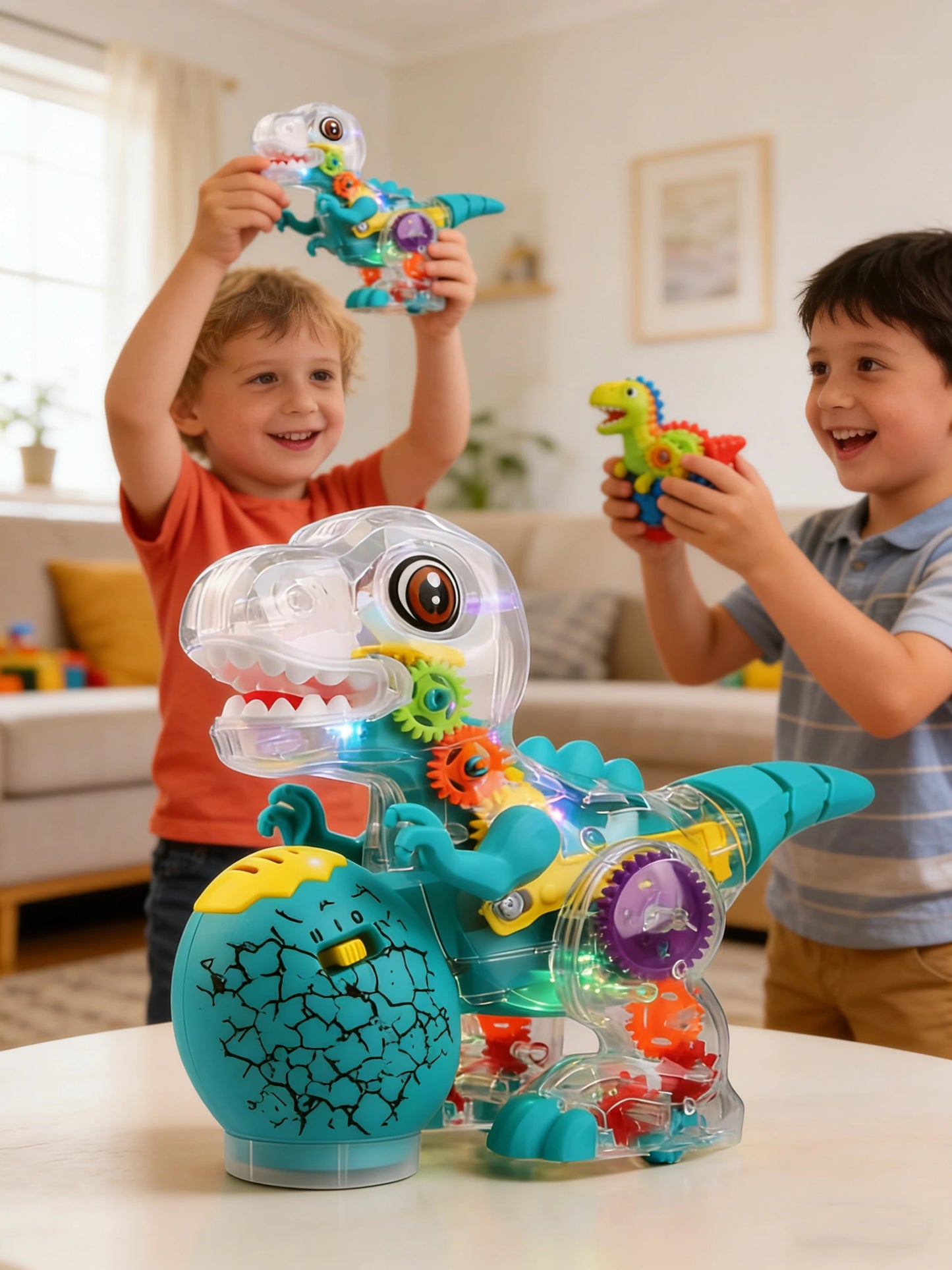 Electric Dinosaur Toy Car for Kids Robot Pet Universal Wheel Bump and Go Swing Toy Transparent Gear with Lights and Music