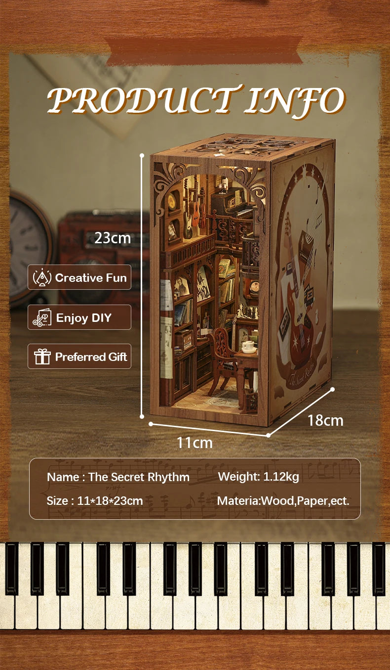 CUTEBEE DIY Book Nook Miniature Dollhouse Booknook with Touch Light Dust Cover Bookshelf Insert for Decor Gifts Secret Rhythm