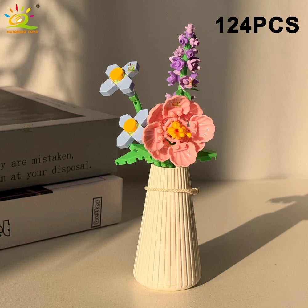 HUIQIBAO MOC Eternal Flower Bouquet with pot Micro Building Block Sunflower Rose Mini Model Brick Toy home Desk Decoration