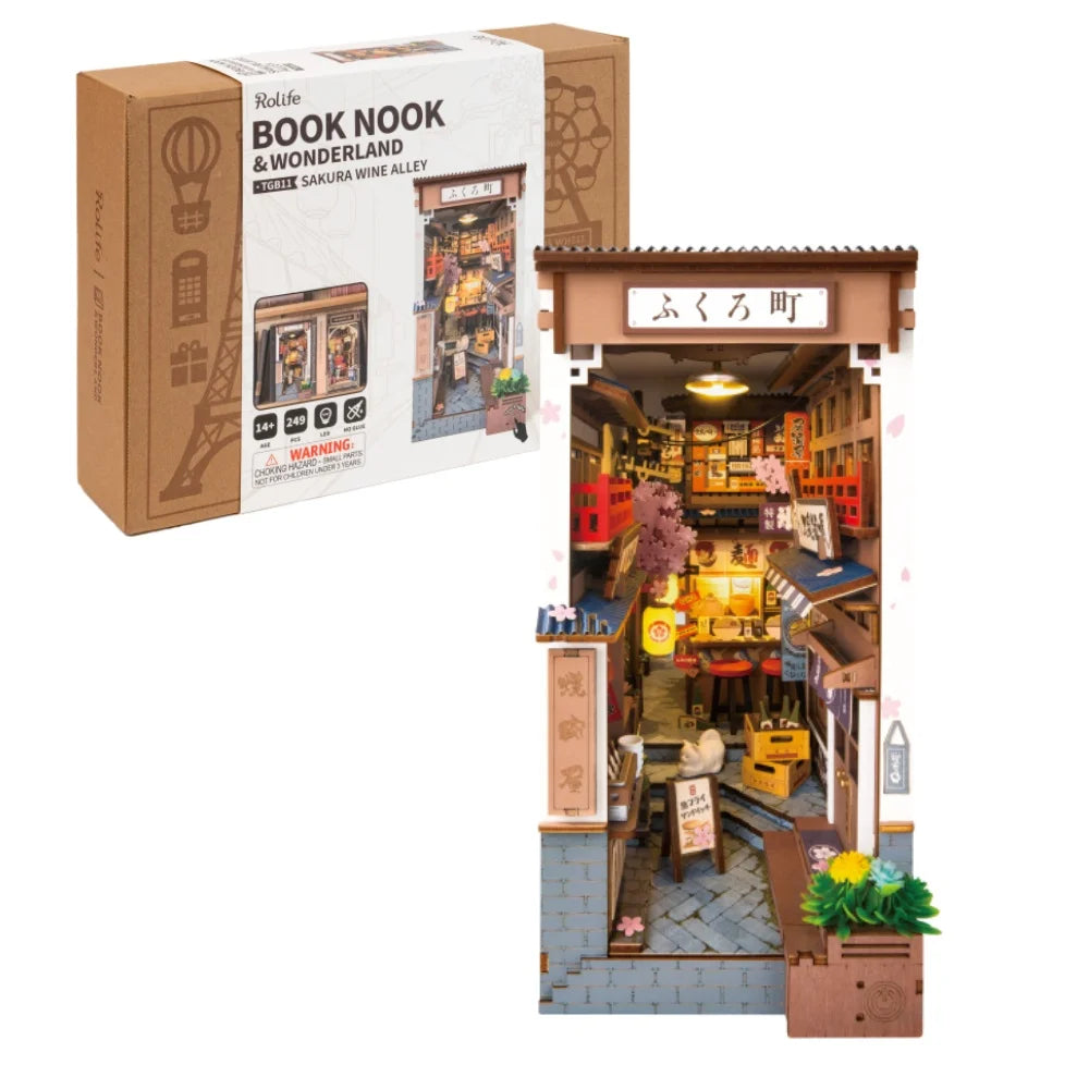 Robotime Sakura Wine Alley DIY Booknook with Lights DIY Miniature Dolls House Kit 3D Wooden Puzzle Bookend Bookshelf Decor Gift