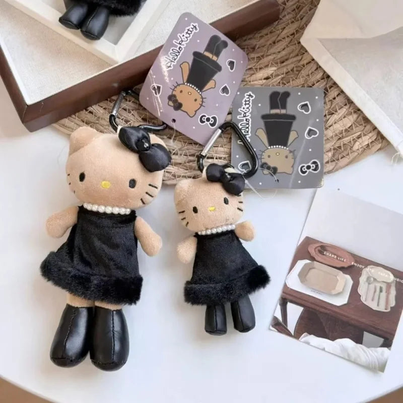 Fashion Mini 10CM Black Dress Hello Kitty Plush Doll Keyring  Long Legs Pearl Bow KT Heart  Bag Charm Cute Stuffed Pendant Decor
