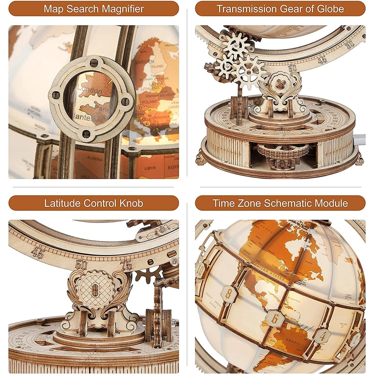ROKR Wooden 3D Puzzle Toys - Luminous Globe Mechanical Model Building Kit Glow-in-the-Dark Globe 3D Puzzle Set Educational Toy Gift for Teens Adults
