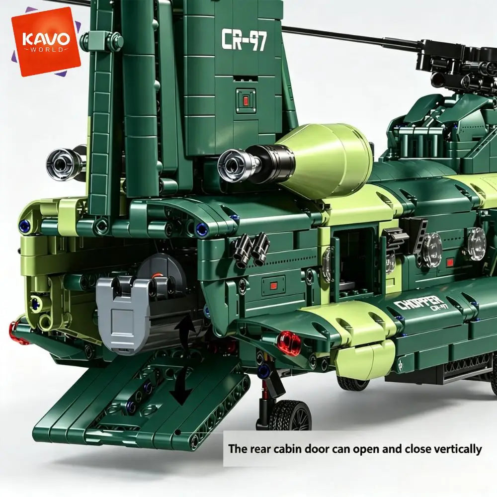 KAVOWORLD Tandem Rotor Helicopter Building Blocks 1826pcs Heavy Transport Army Aircraft Construction Bricks Model Chinook Chopper Building Kit Helicopter Toy Airplane Brick Set Rotating Propellers Cargo Ramp Rollable Wheels D