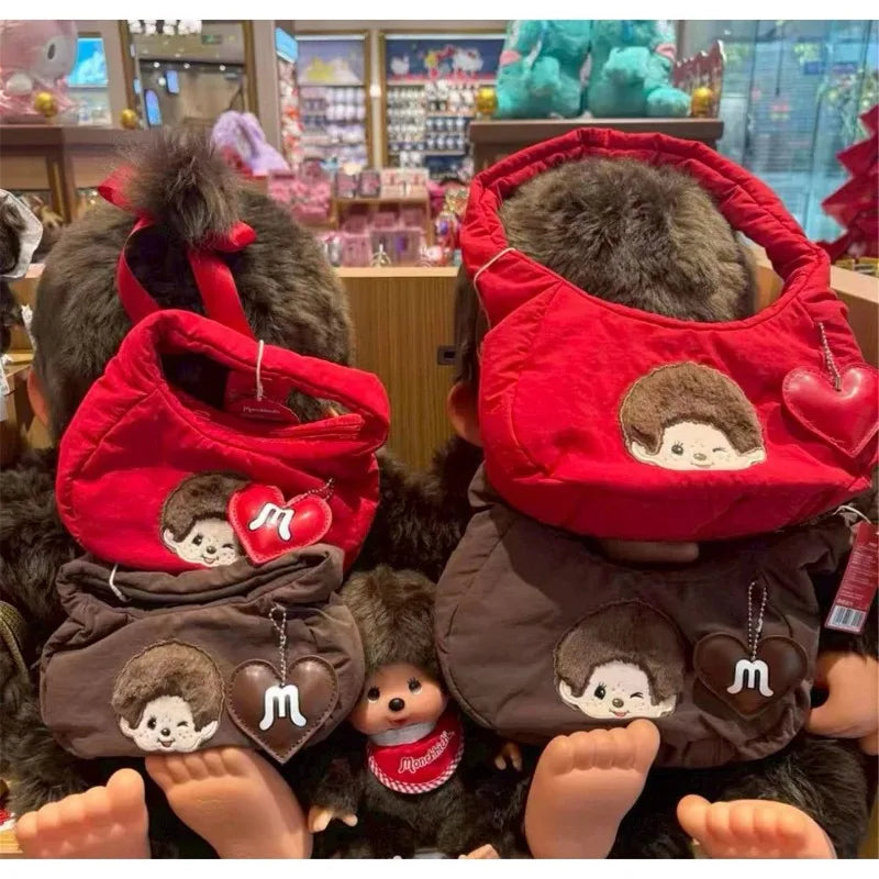 Monchhichi Cute Hobo Bag Soft Puffer Handbag Kawaii Embroidery Underarm Bag with Heart Pendant Casual Daily Tote Bag