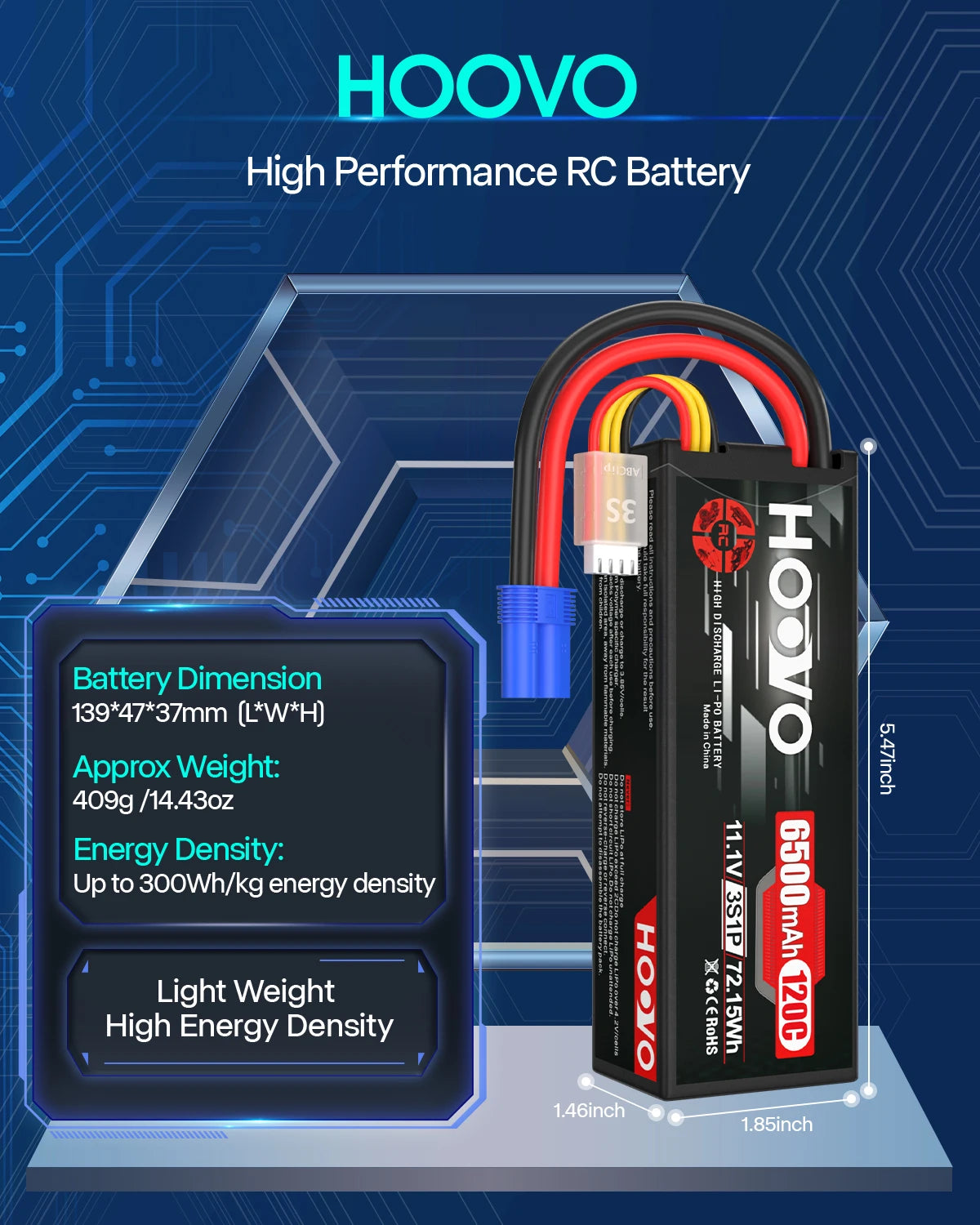 2PCS HOOVO 3S Lipo Battery 11.1V 6500mAh 120C RC Lipo Batteries Hard Case EC5 Plug Compatible with 1/8 1/10 Scale Vehicles Car