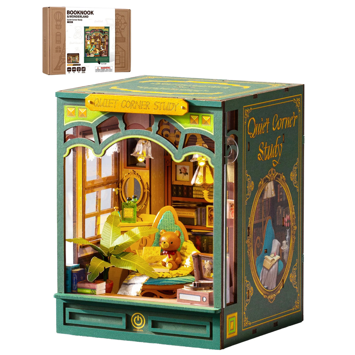 Rolife Quiet Corner Study DIY Book Nook Kit 185-piece 3D Puzzle Toys with Warm LED Light for Bookshelf Decor DIY Miniature House Molde Building Kit Gift for Book Lovers