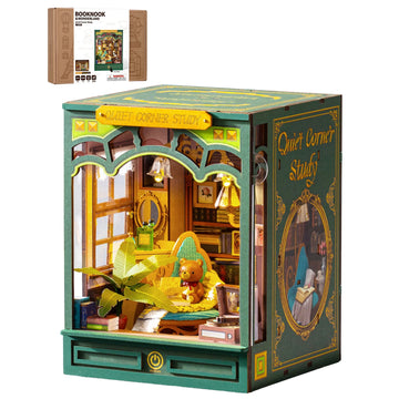 Rolife Quiet Corner Study DIY Book Nook Kit 185-piece 3D Puzzle Toys with Warm LED Light for Bookshelf Decor DIY Miniature House Molde Building Kit Gift for Book Lovers