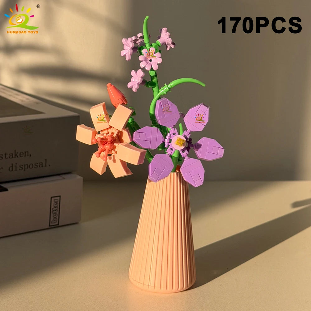 HUIQIBAO MOC Eternal Flower Bouquet with pot Micro Building Block Sunflower Rose Mini Model Brick Toy home Desk Decoration