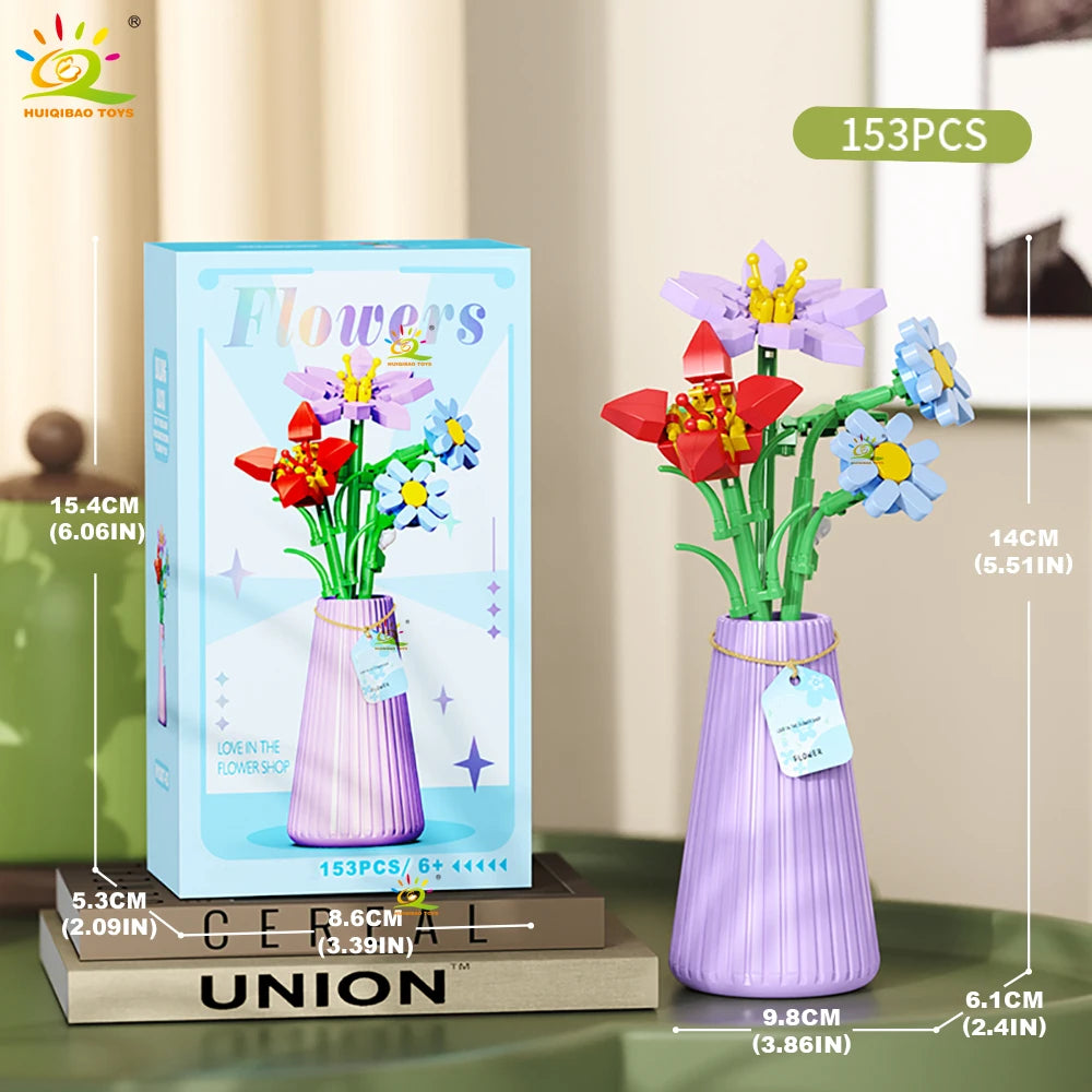 HUIQIBAO MOC Eternal Flower Bouquet with pot Micro Building Block Sunflower Rose Mini Model Brick Toy home Desk Decoration