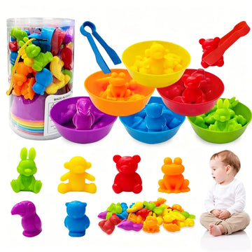36PCS Colorful Animal Toy Set for Toddlers - Early Learning Educational Toys with Bowls & Tongs, Safe Plastic