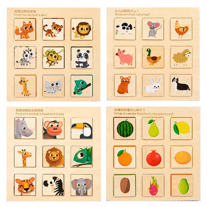 Wooden Logical Thinking Matching Puzzle Cognitive Board Montessori Teaching Aid Fruit Animal Pairing Board Educational Toys