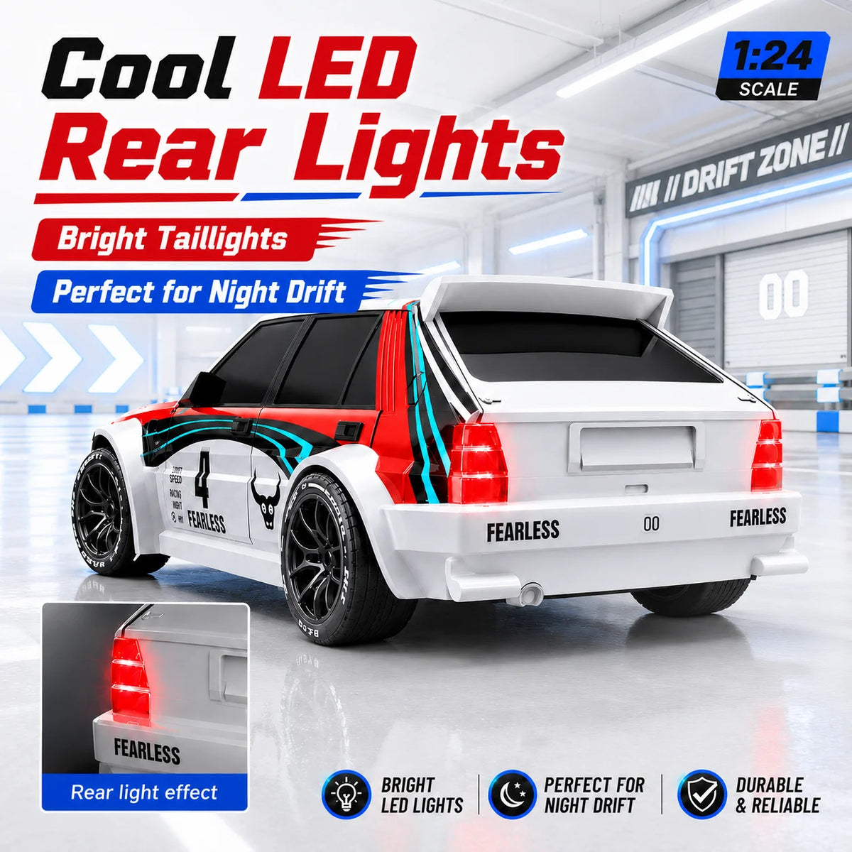 ZNLYRION RC Drifting Race Car 1:24 Scale 4 Wheel Drive 20km/h Adjustable High/Low Speed With Spare Drift Tires LED Headlight Taillight RC Toy For Boys Adult
