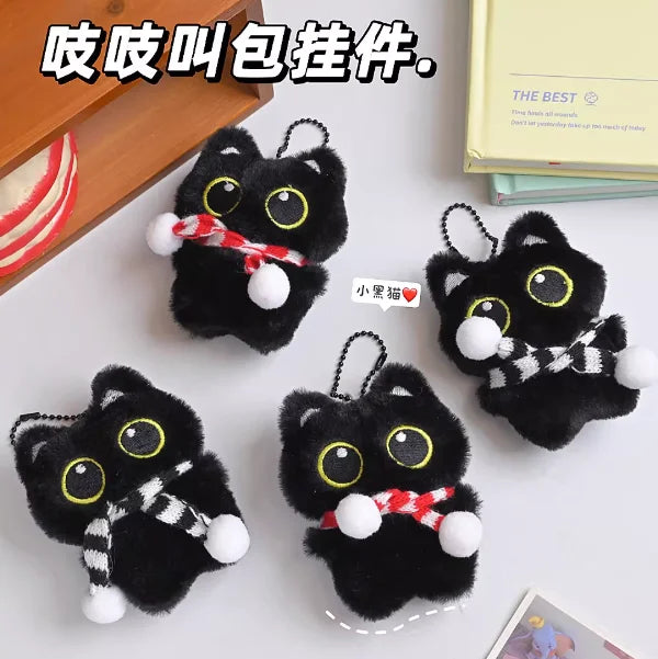 New Kawaii Big Eyes Cat Plush Doll With Scarf Black Cat Keychain Bag Pendant Cartoon Kitten Ornament Holiday Gift For Dear