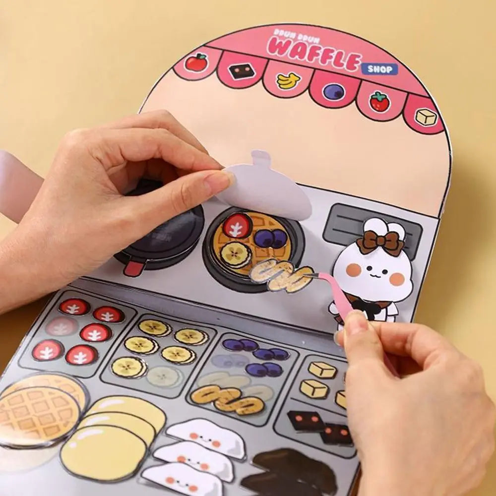 Paper Waffle Quiet Book Colorful Bread Cartoon Busy Book Fried Chicken Convenience Store Snack Bar Sticker Game.