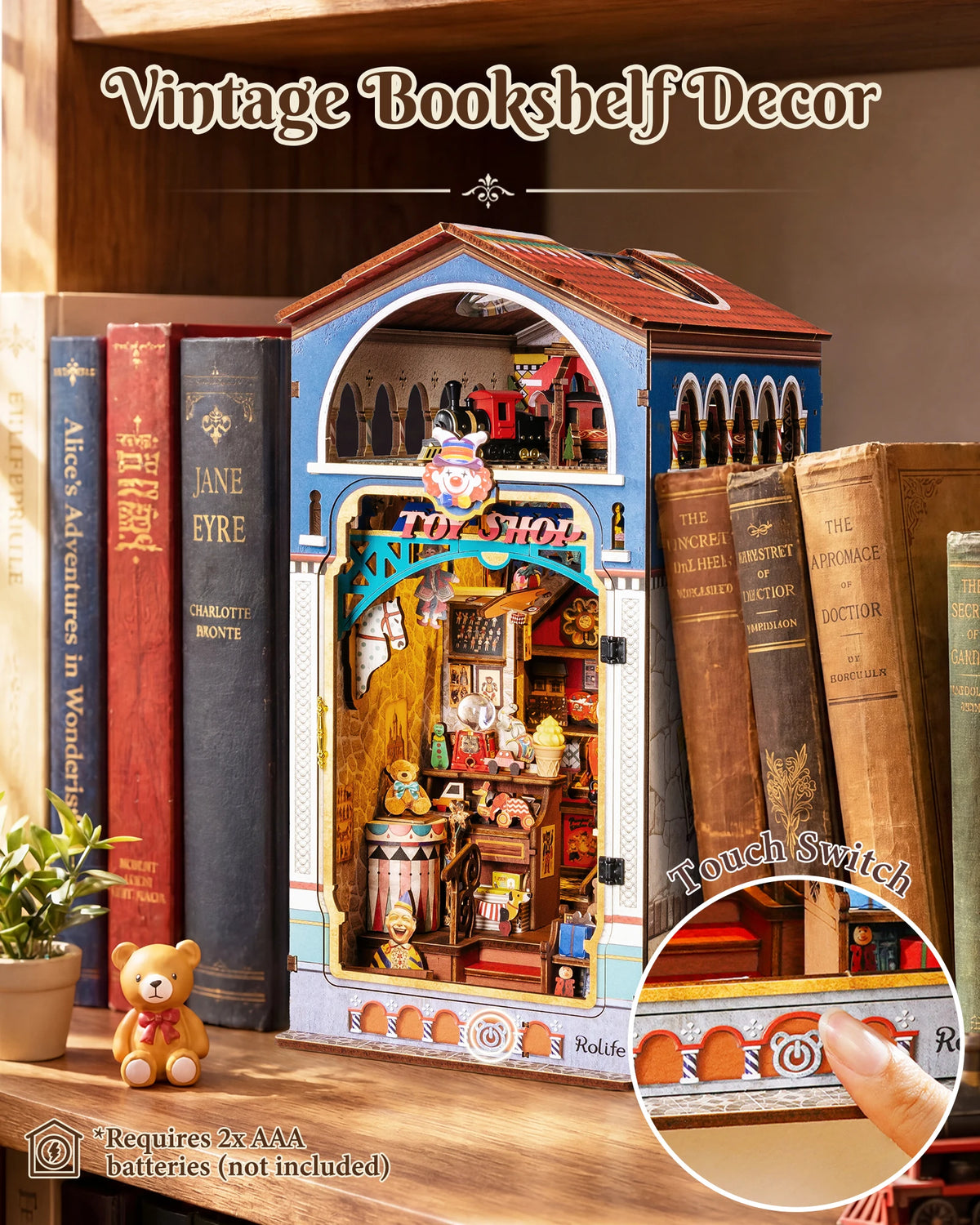 Rolife DIY Book Nook Kit 3D Puzzle Treasure Toy Shop Wooden Bookends Craft Kit with LED Light for Bookshelf Decor Brain Teasers Dollhouse Jigsaw for Holiday Gift