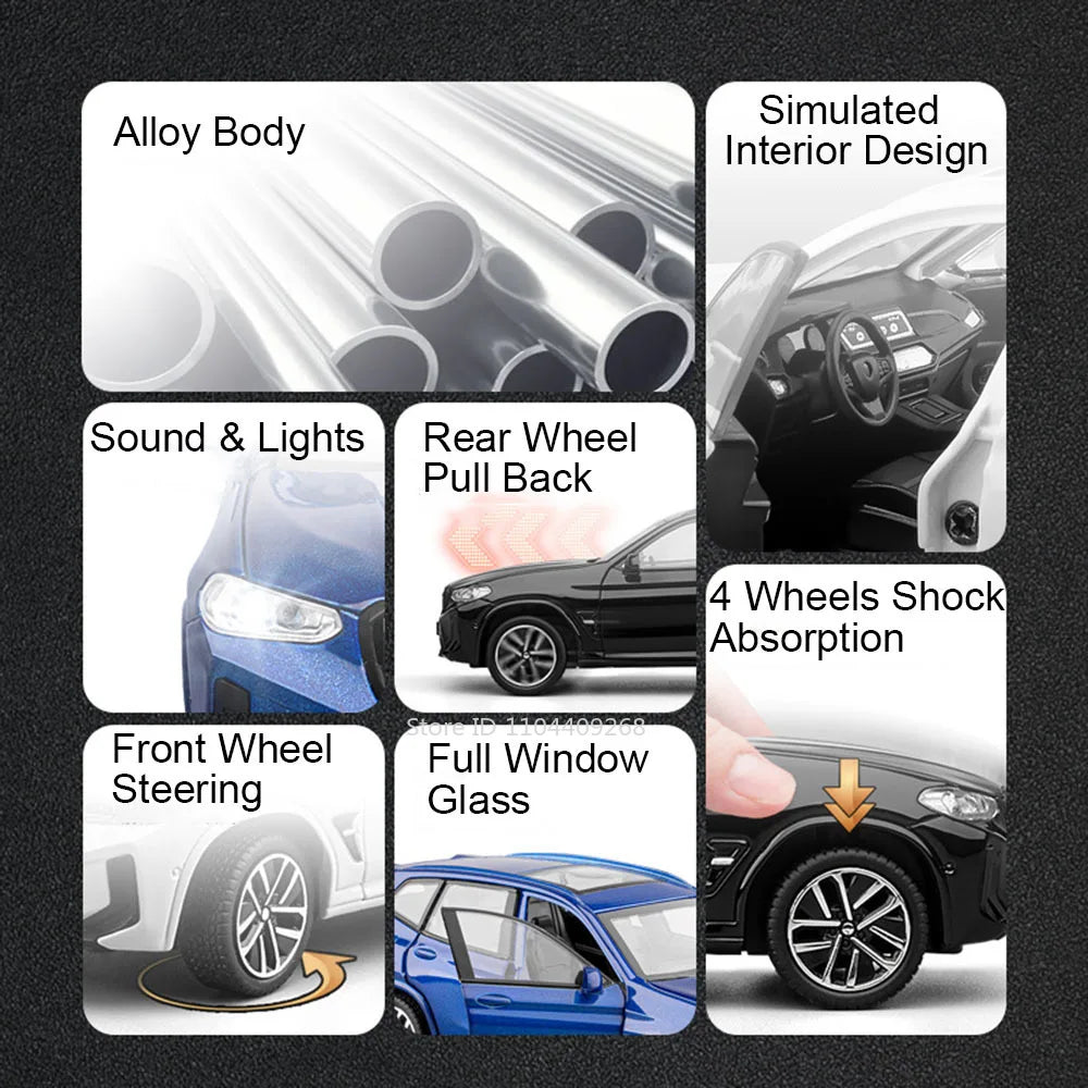 1:32 X3M 320i Toy Sports Car Model Pull Back Sound Light Doors Opened Alloy Diecast Miniature Vehicle Models Ornaments Gifts