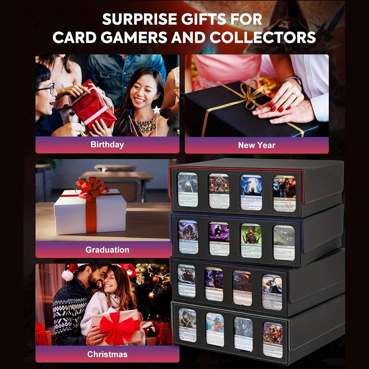 Trading Card Storage Box with Display; 4-Row Deck Case with Removable Lid; 2400+ Deck Box for with Removable Cover; Card Case Fits Magic TCG PTCG Sports Cards