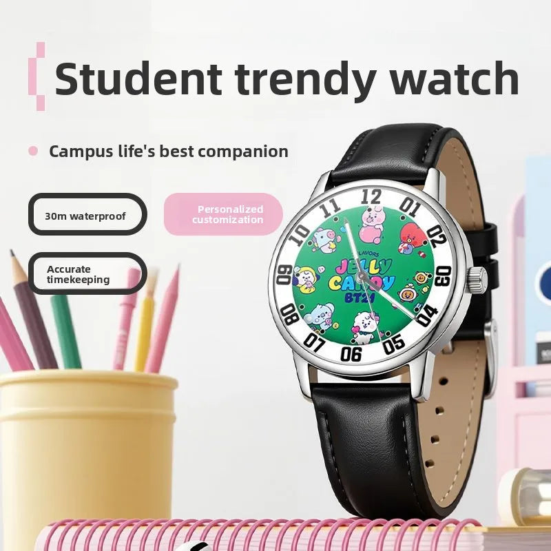 BT21 cartoon cute student watch kawaii pointer type round quartz wristwatch fan support anime merchandise gift wholesale