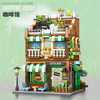 City Street View Coffee Shop Modular Building Blocks, MOC Architecture Bricks Set, DIY Town Life Model Toys for Kids & Adults