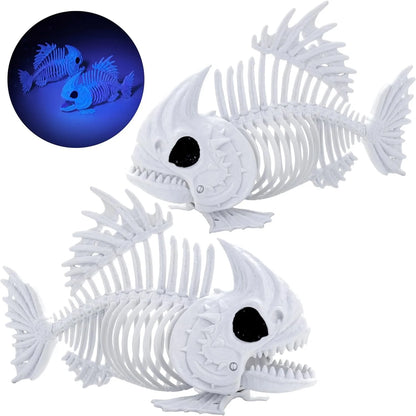 2 Pcs 9.5" Glow in the Dark Fish Skeleton for Halloween Decorations, Luminous Plastic Animal Bones, Indoor Outdoor Yard Lawn Patio Decor, Haunted House Spooky Halloween Party Props