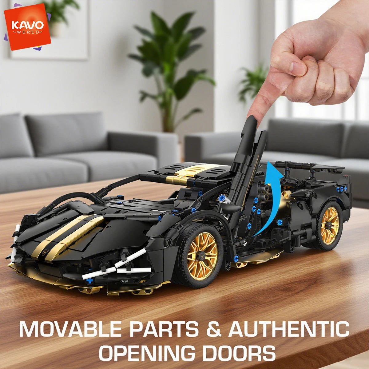 KAVOWORLD 1:14 Scale Supercar Building Blocks Set 1280PCS Black Gold Sports City Car Building Toy with Movable Tail Openable Cockpit DIY Construction Model Kit Perfect Birthday Christmas Gifts