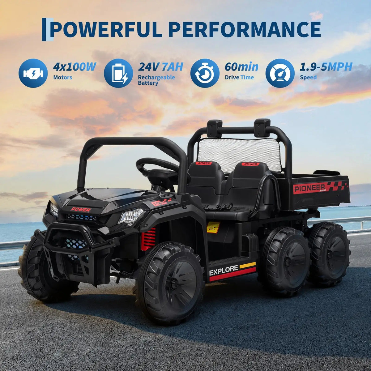 24V 4WD All-Terrain Kids Ride On Dump Truck Parental Remote Control 3 Speeds 2-Seater Off-Road Toy Car For Boys Girls