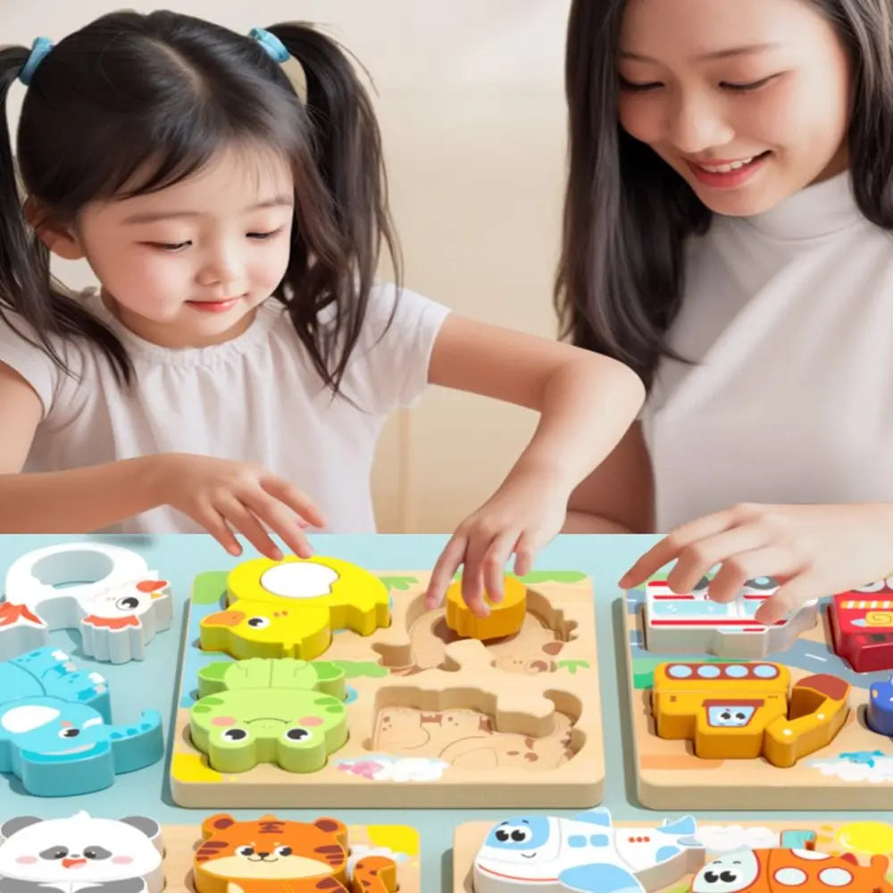 4-in-1 Wood Puzzle Cartoon 3D Animals Cognitive Jigsaw Puzzle Portable Safe Early Learning Puzzle Set Children Educational Toys