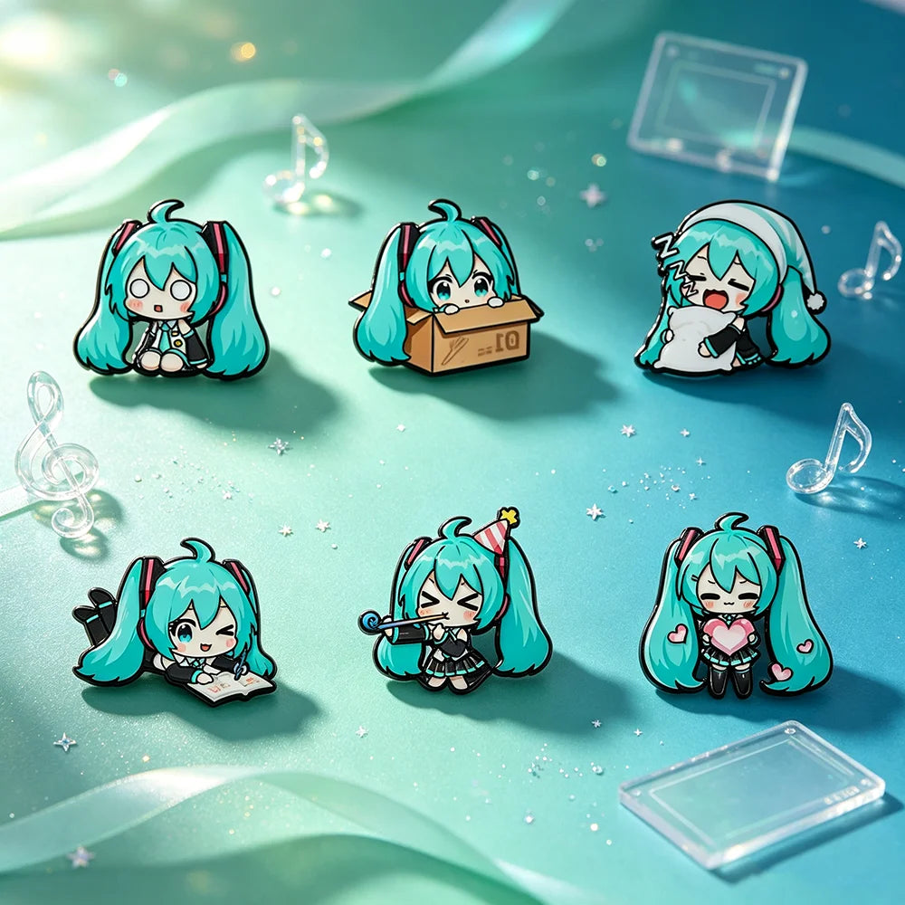 6pcs Kawaii Chibi Enamel Pin Set Multi-Pose Vocaloid Anime Brooches, Aesthetic Metal Lapel Badges for Backpack Perfect Gift