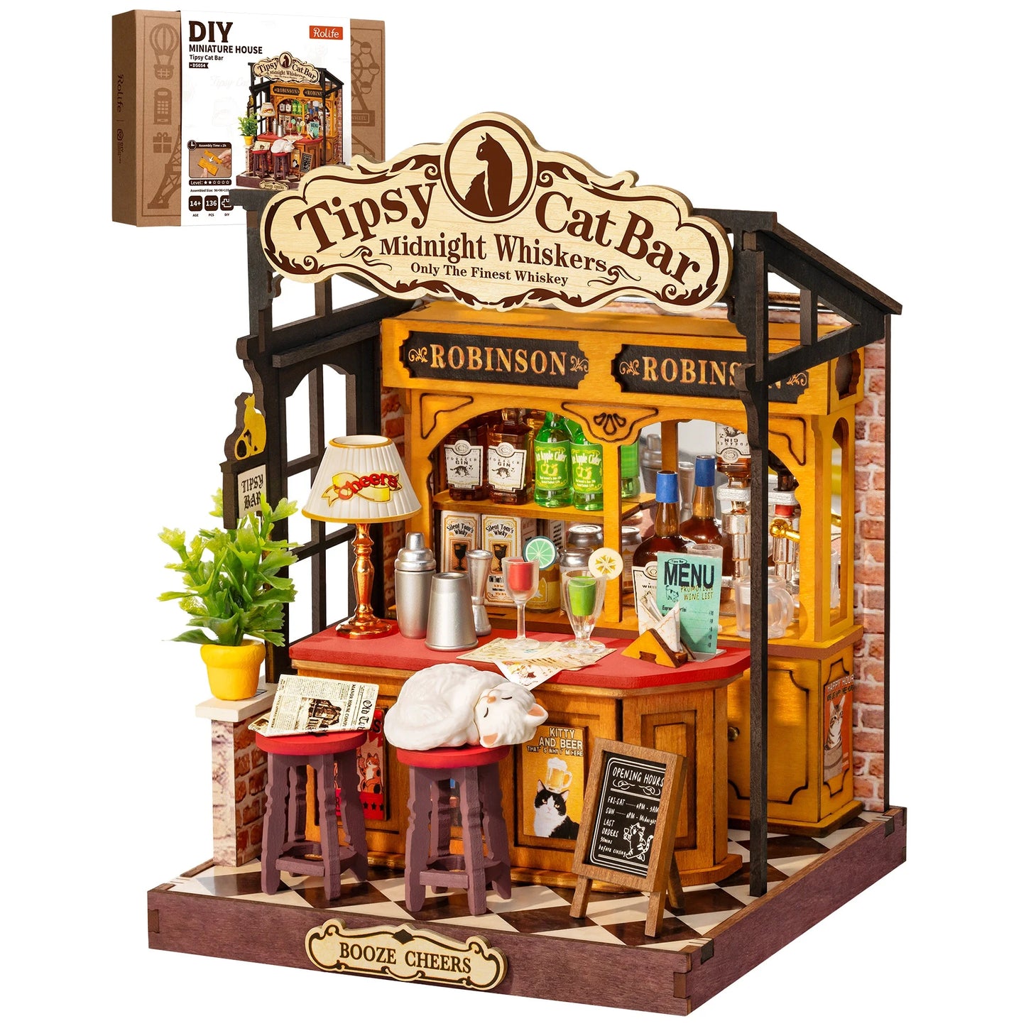 Rolife DIY Miniature House Kit Tipsy Cat Bar Mini Dollhouse Model Building Kit Wooden 3D Puzzle Toys with LED Light for Home Decor Gift for Adults Kids Friends