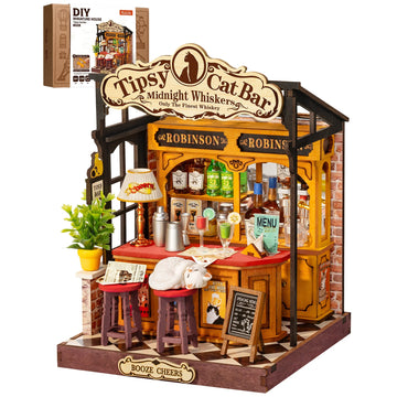 Rolife DIY Miniature House Kit Tipsy Cat Bar Mini Dollhouse Model Building Kit Wooden 3D Puzzle Toys with LED Light for Home Decor Gift for Adults Kids Friends