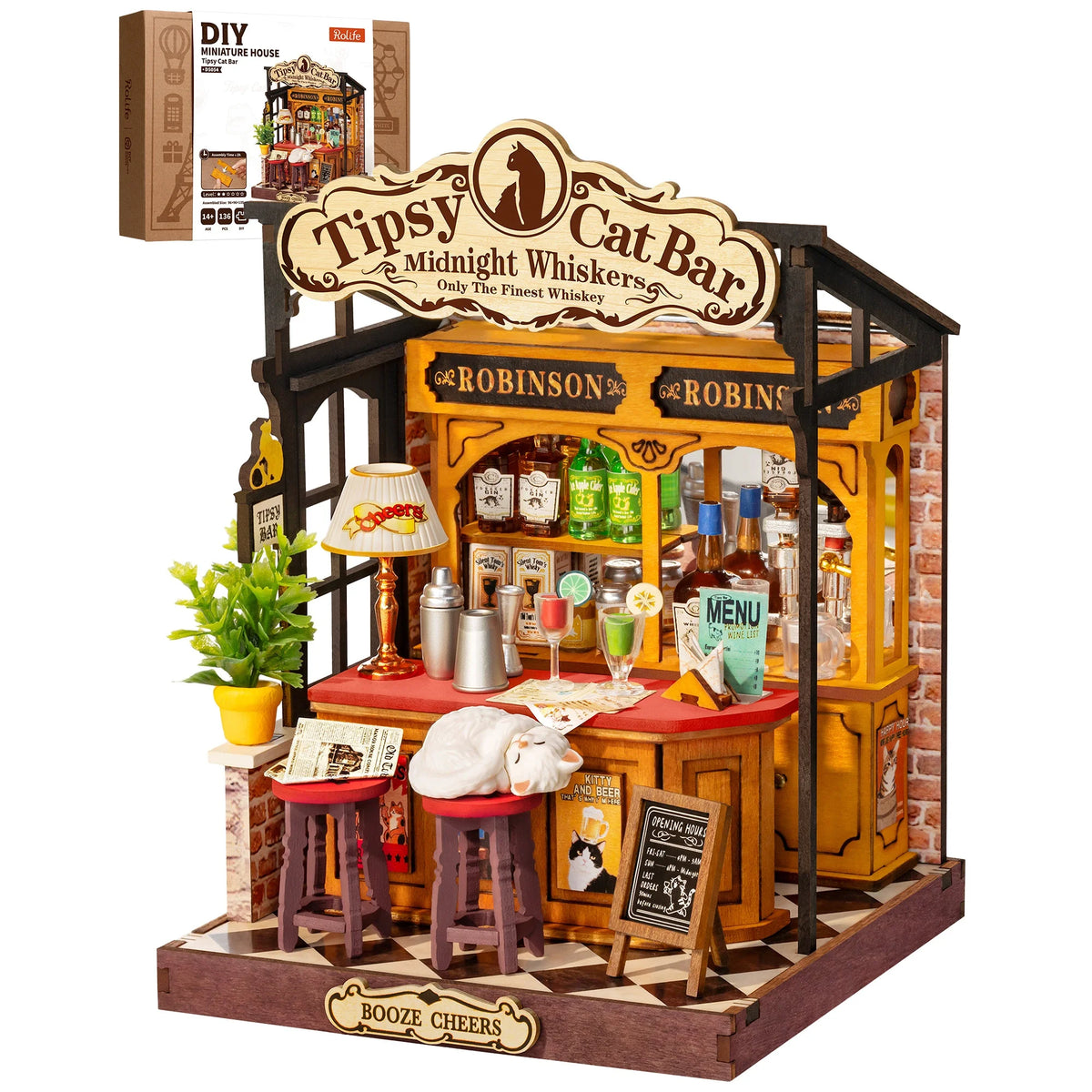 Rolife DIY Miniature House Kit Tipsy Cat Bar Mini Dollhouse Model Building Kit Wooden 3D Puzzle Toys with LED Light for Home Decor Gift for Adults Kids Friends