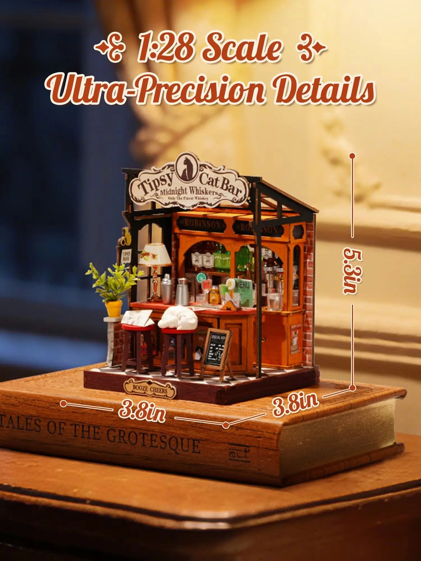 Rolife DIY Miniature House Kit Tipsy Cat Bar Mini Dollhouse Model Building Kit Wooden 3D Puzzle Toys with LED Light for Home Decor Gift for Adults Kids Friends