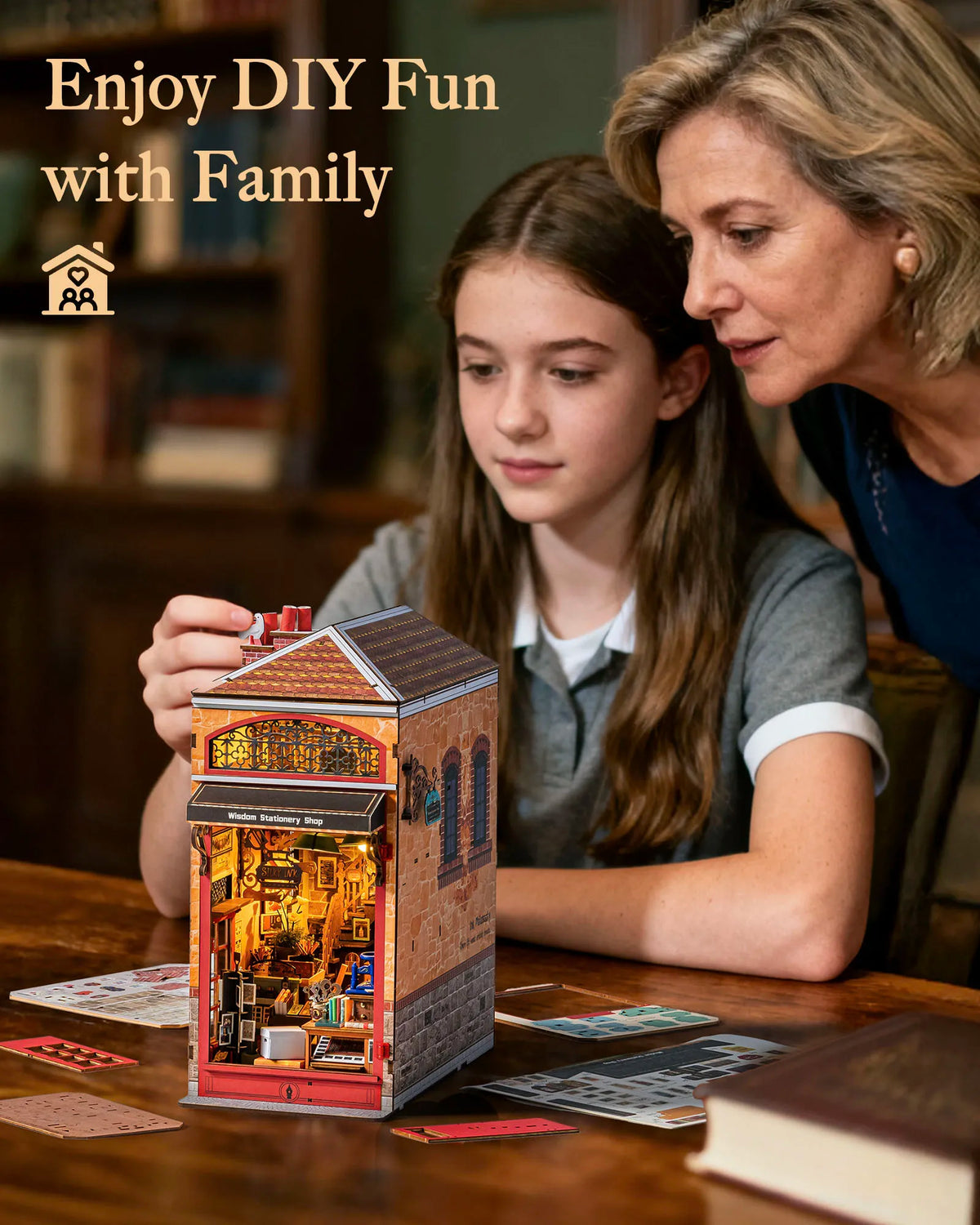 Rolife Wisdom Stationery Shop DIY Book Nook Kit 472-Piece Wooden Dollhouse 3D Puzzle DIY Miniature House Model Building Kit with LED Light for Bookshelf Decor Gift for Book Lovers