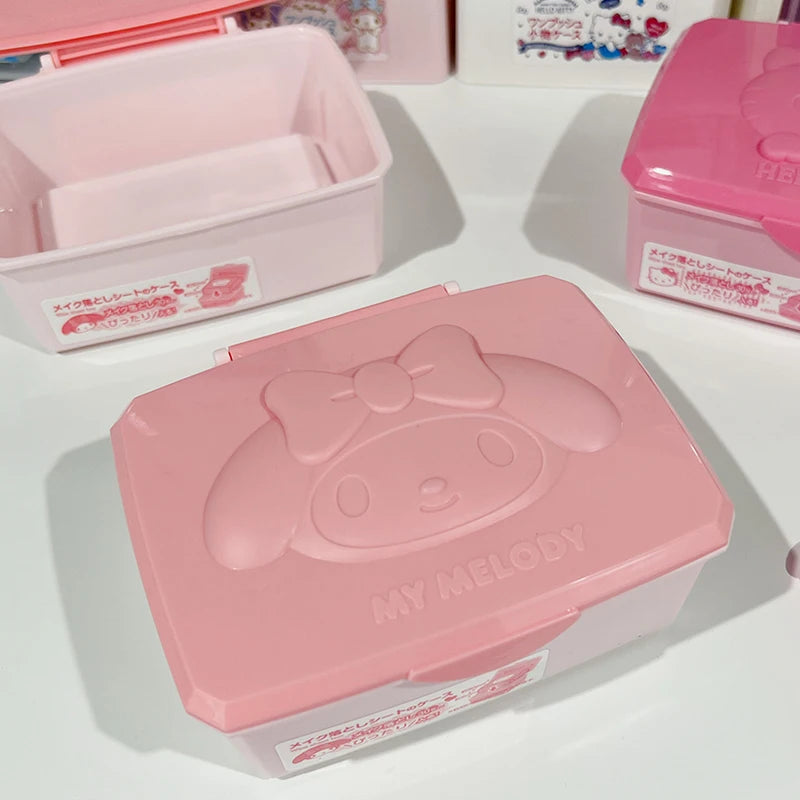 Sanrio Hello Kitty Melody Storage Box Cartoon Kt Cat Flip Cover Cotton Swabs Cotton Pads Stationery Organisation Boxs Gifts