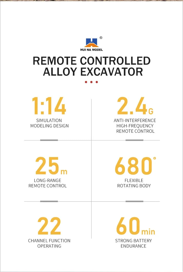 HUINA 1592 1:14 Scale RC Excavator 22 Channels 2.4G Semi-Alloy Remote Control Engineering Crawler Tractor Children's Gift